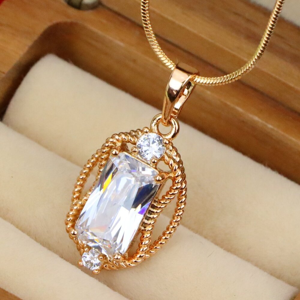 "Elegant White Rectangle Pendant with Gold Rope Frame and Crystals, XPPT1684